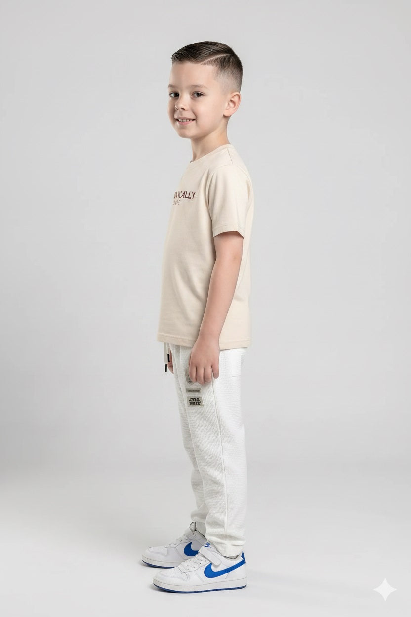 Boys Off White Regular Fit Textured Joggers