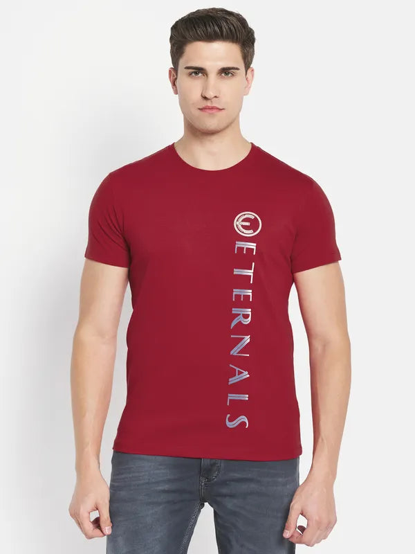 Octave Men Red Typography Printed Applique T-Shirt