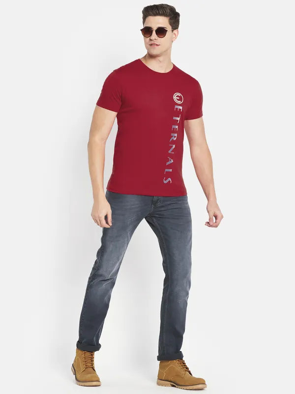 Octave Men Red Typography Printed Applique T-Shirt