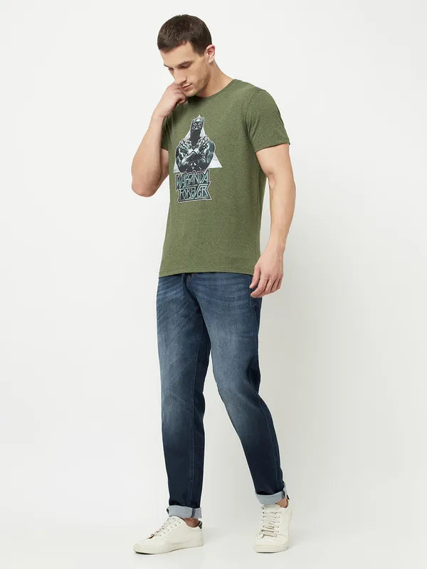 Octave Men Olive Green Typography Printed Raw Edge T-Shirt