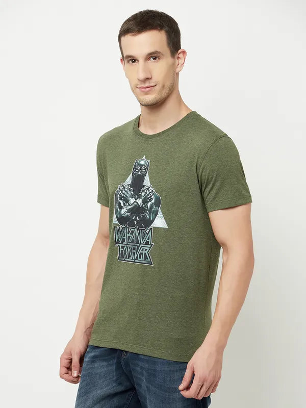 Octave Men Olive Green Typography Printed Raw Edge T-Shirt