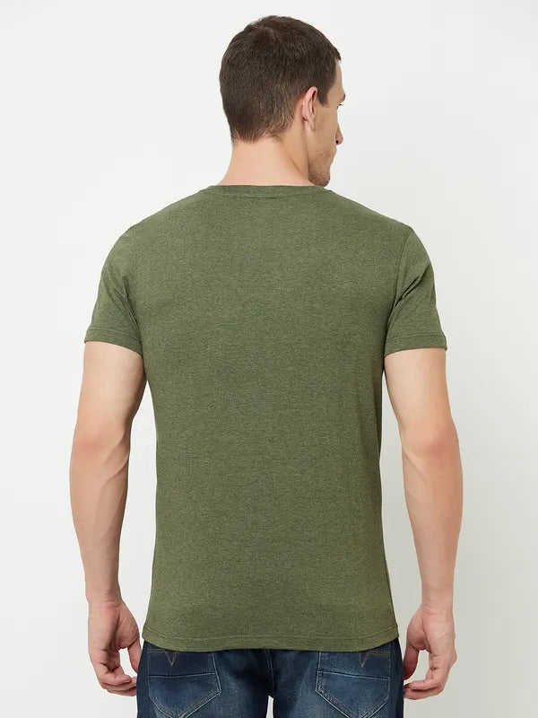 Octave Men Olive Green Typography Printed Raw Edge T-Shirt