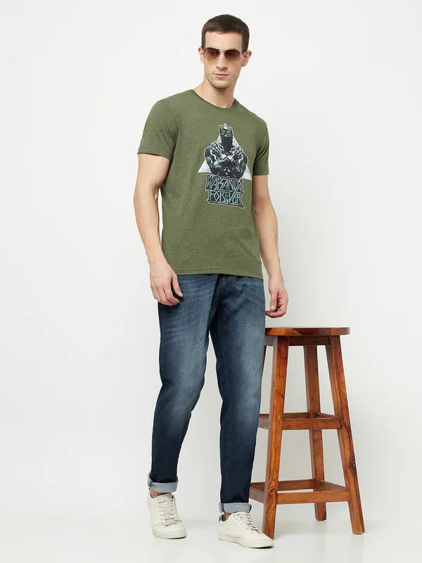 Octave Men Olive Green Typography Printed Raw Edge T-Shirt