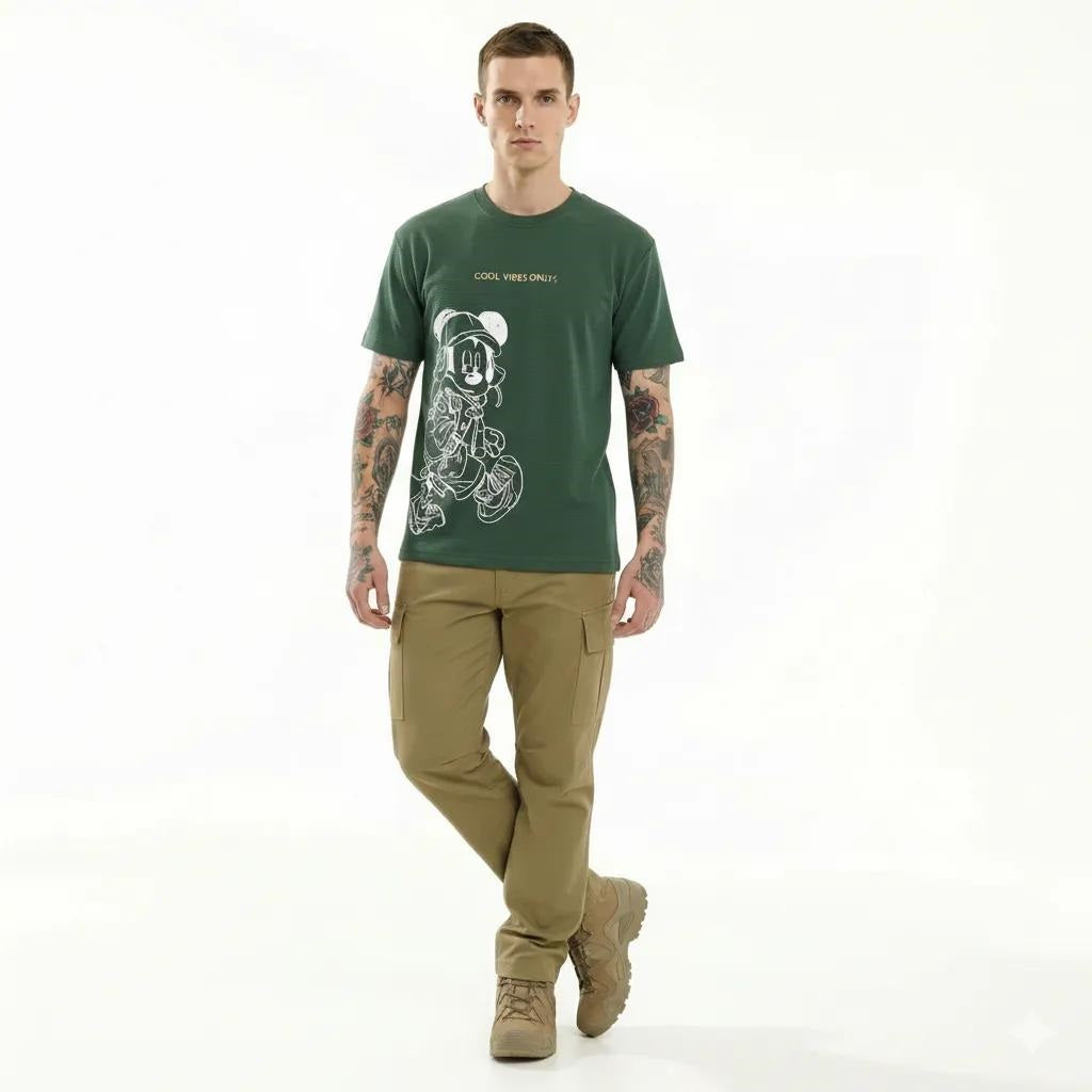 Men Bottle Green Mickey Mouse Printed T-shirt