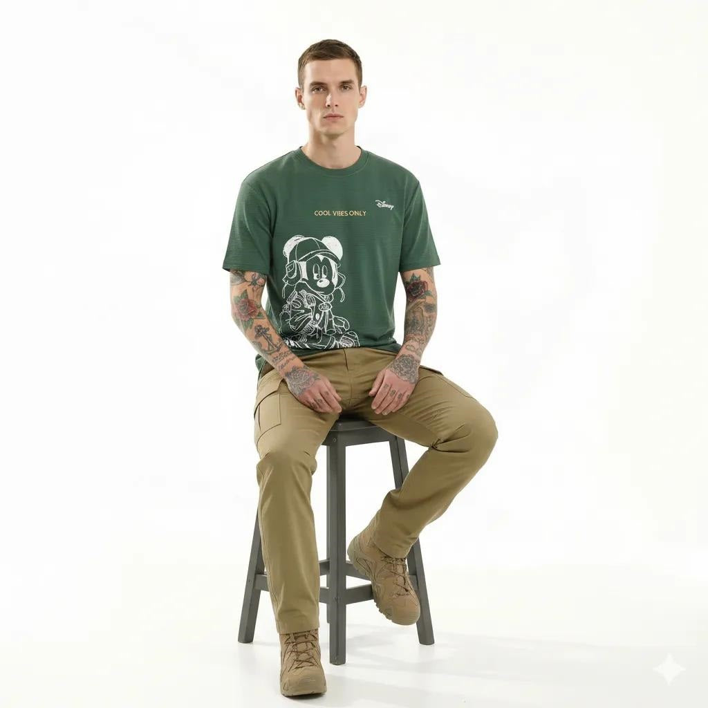 Men Bottle Green Mickey Mouse Printed T-shirt
