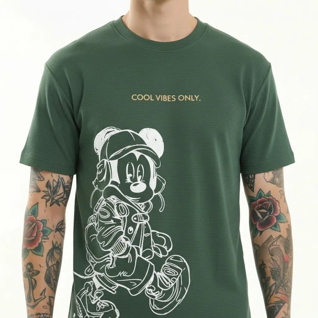 Men Bottle Green Mickey Mouse Printed T-shirt