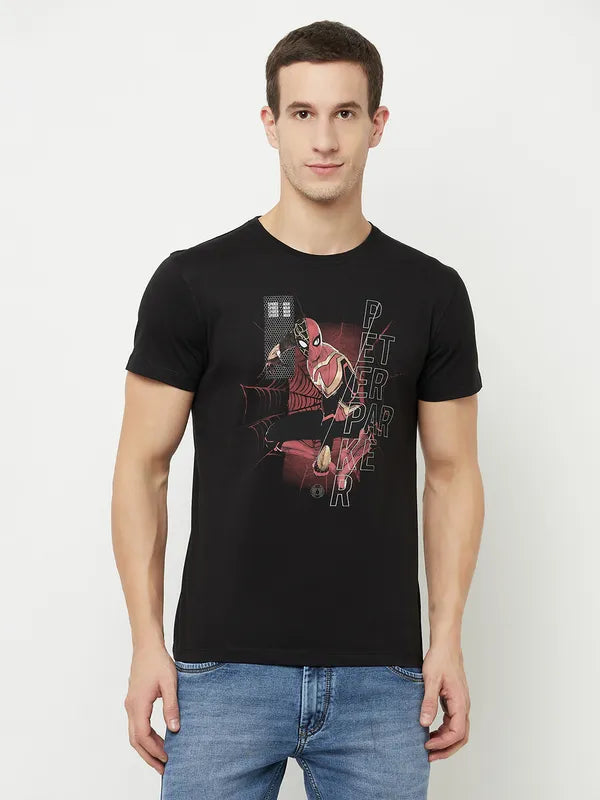 Octave Men Black Spider-Man Printed Applique T-Shirt