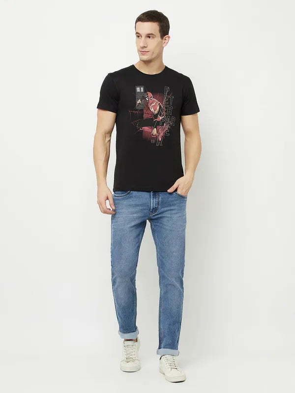 Octave Men Black Spider-Man Printed Applique T-Shirt