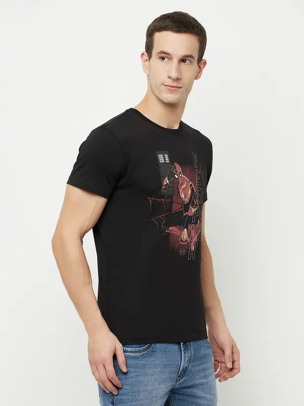 Octave Men Black Spider-Man Printed Applique T-Shirt