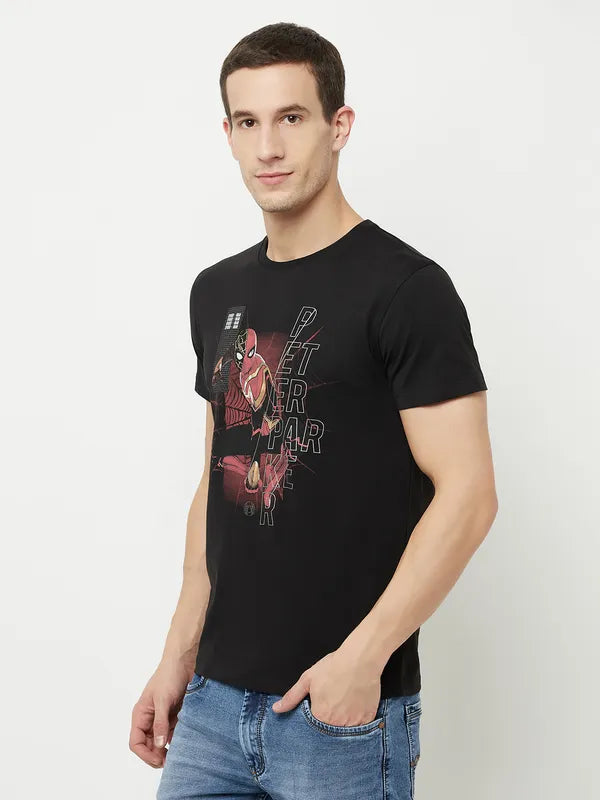 Octave Men Black Spider-Man Printed Applique T-Shirt