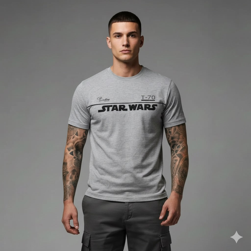 Men Grey Melange Typography Star Wars Printed T-shirt