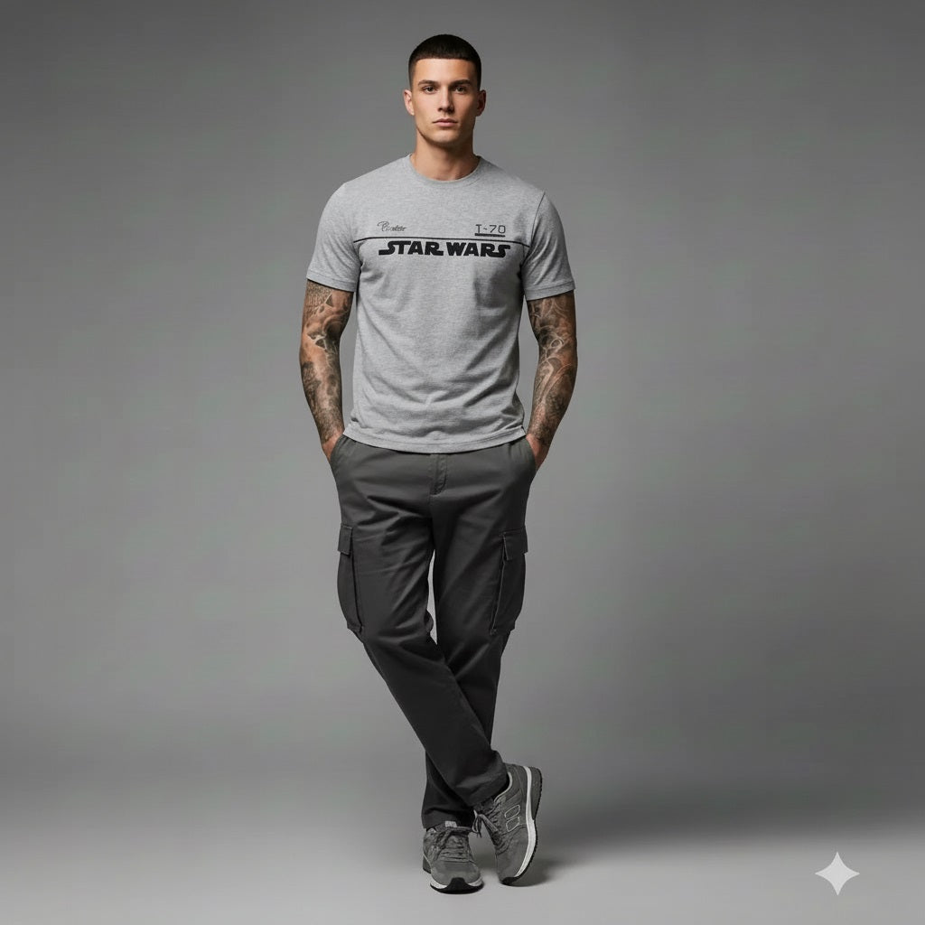 Men Grey Melange Typography Star Wars Printed T-shirt