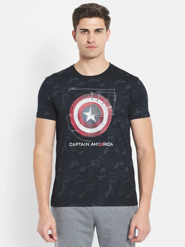 Octave Men Navy Blue Typography Captain America Printed Raw Edge T-Shirt