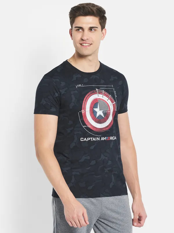 Octave Men Navy Blue Typography Captain America Printed Raw Edge T-Shirt