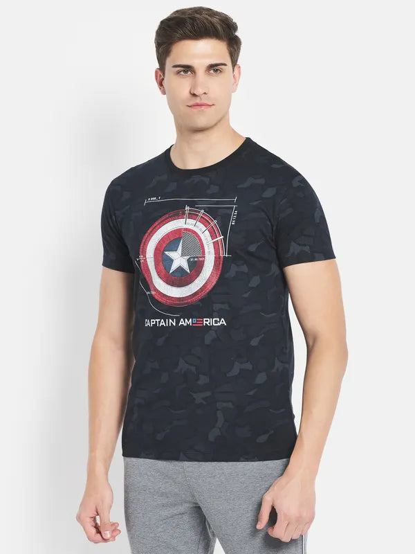 Octave Men Navy Blue Typography Captain America Printed Raw Edge T-Shirt