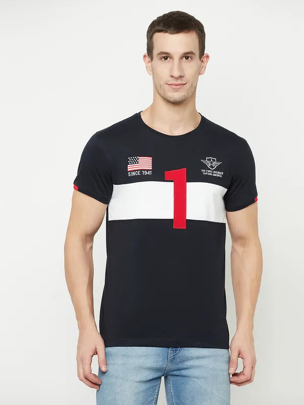 Octave Men Navy Blue Typography Captain America Colourblocked Applique T-Shirt
