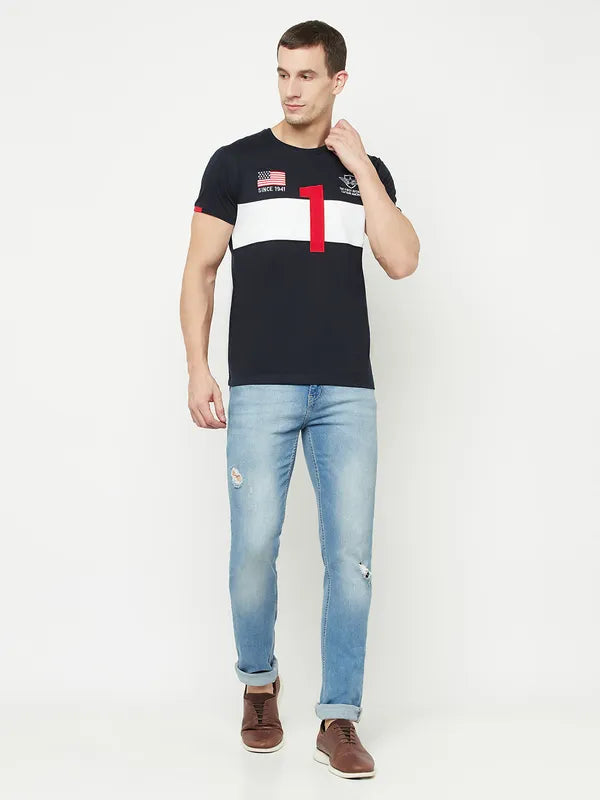 Octave Men Navy Blue Typography Captain America Colourblocked Applique T-Shirt