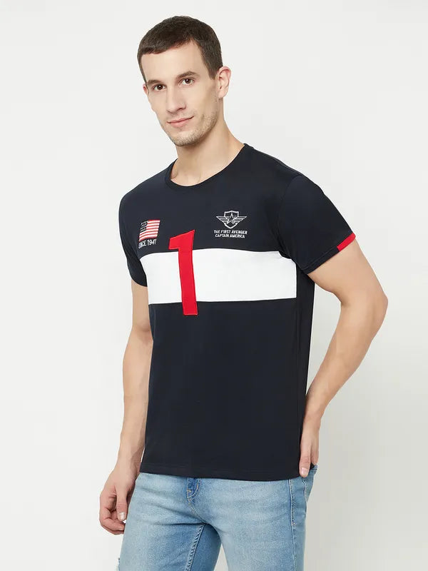 Octave Men Navy Blue Typography Captain America Colourblocked Applique T-Shirt