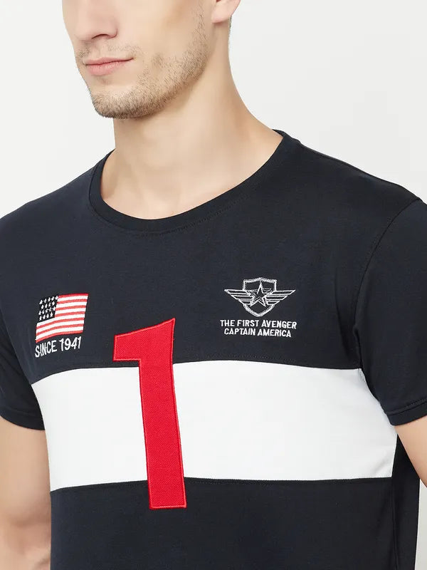 Octave Men Navy Blue Typography Captain America Colourblocked Applique T-Shirt