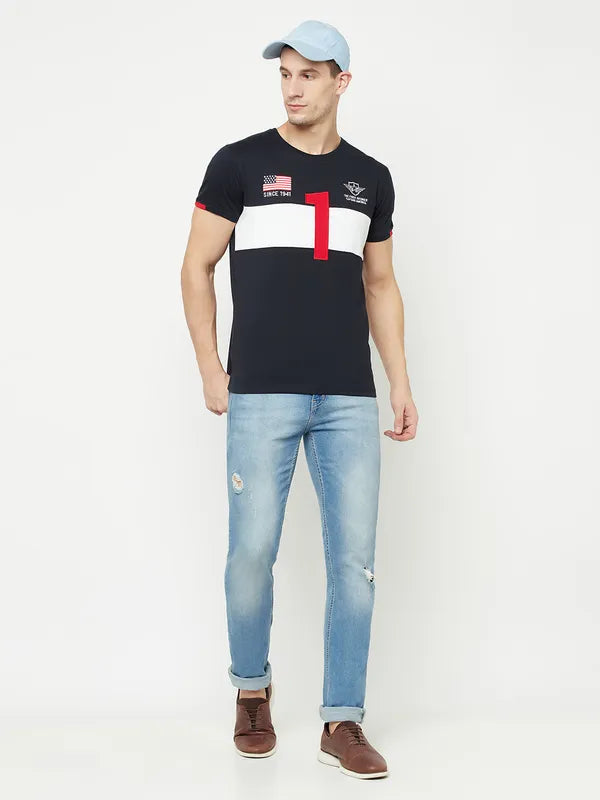 Octave Men Navy Blue Typography Captain America Colourblocked Applique T-Shirt