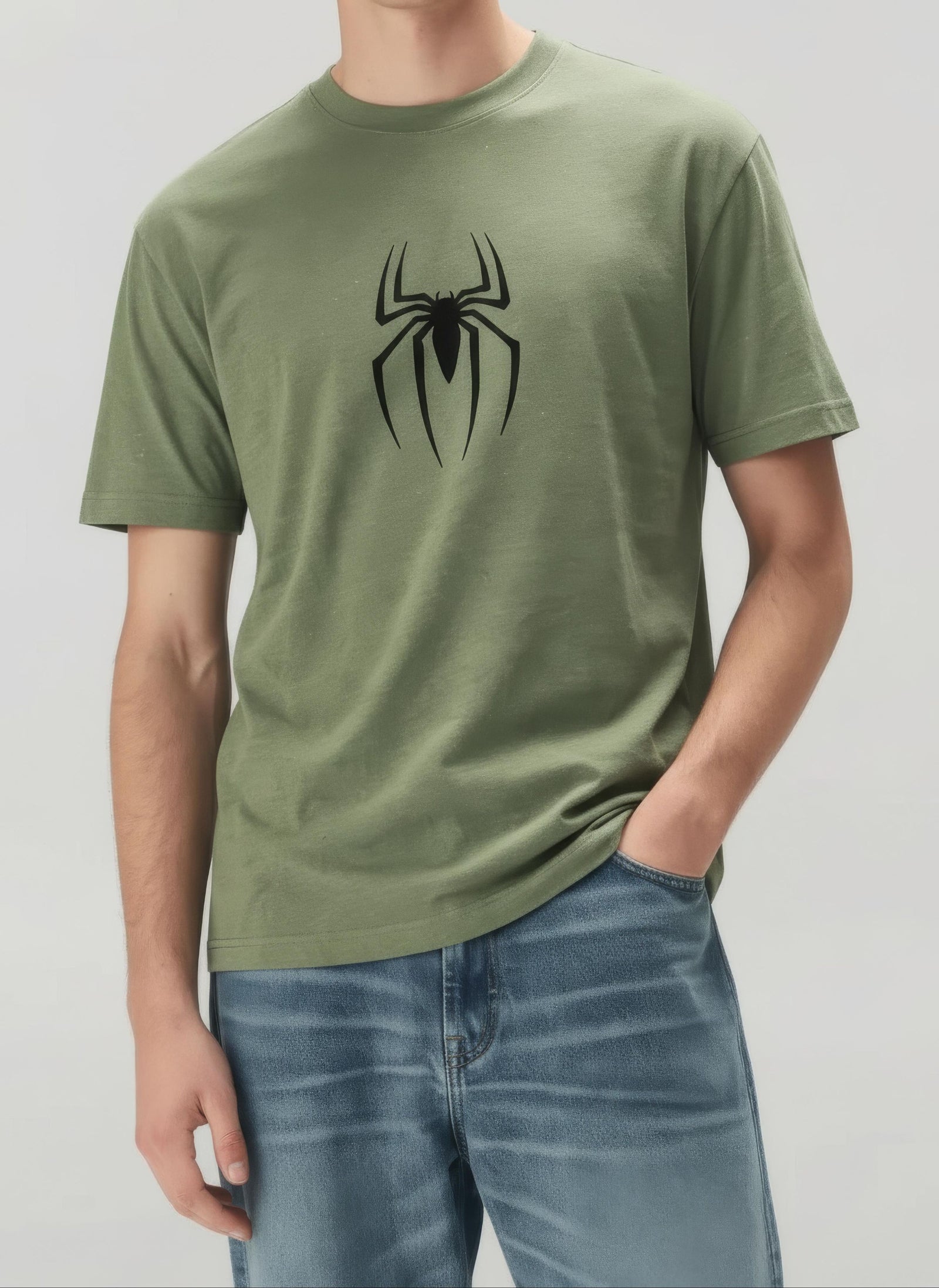 Octave Men Oil Green Printed Round Neck T-shirt