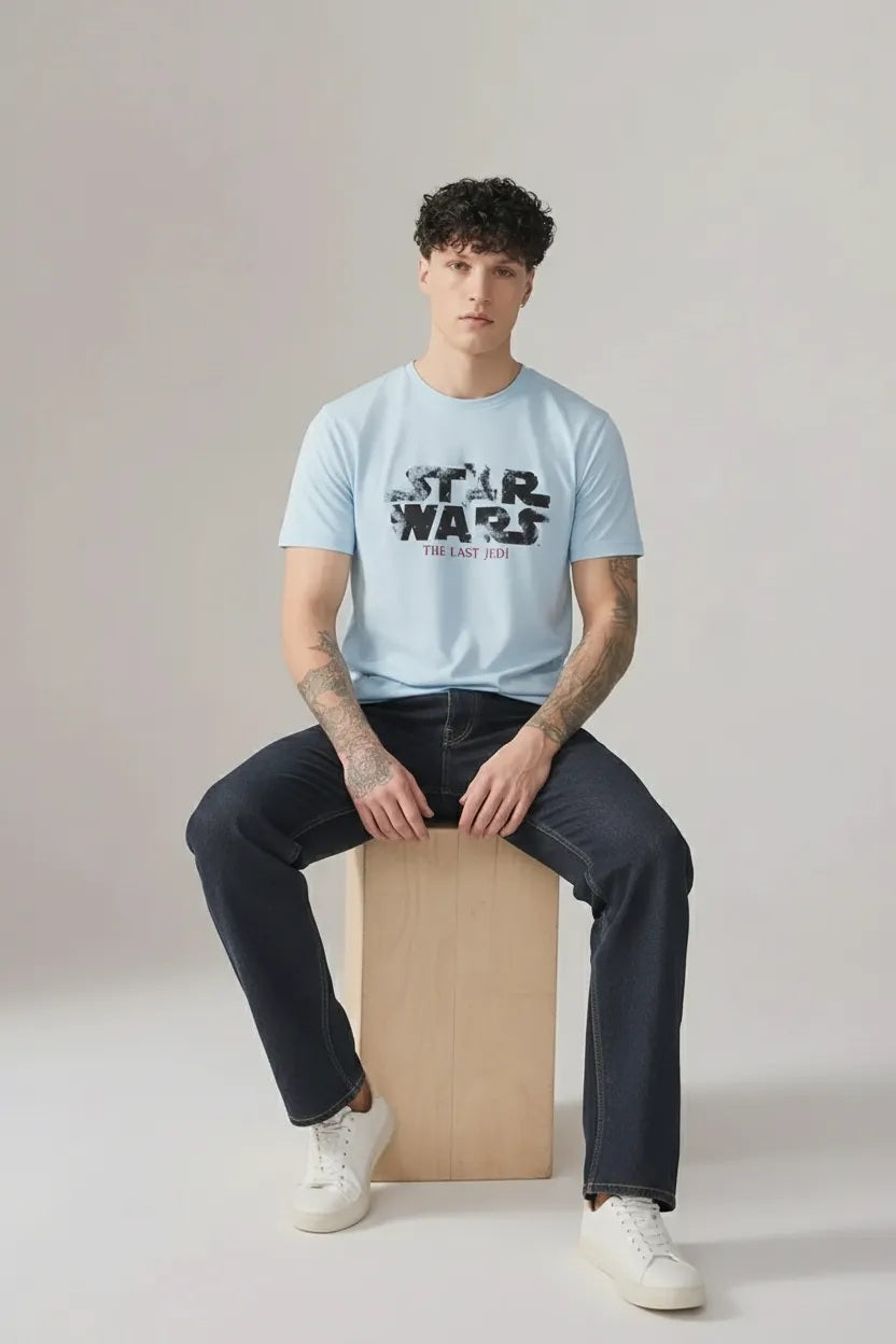 Men Delicate Blue Star Wars Printed T-shirt