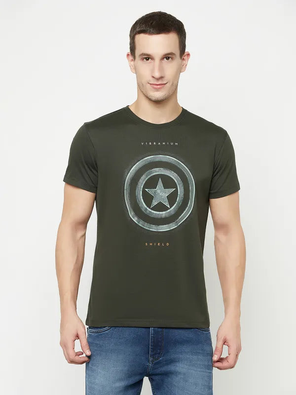 Octave Men Olive Green Typography Captain America Printed T-Shirt