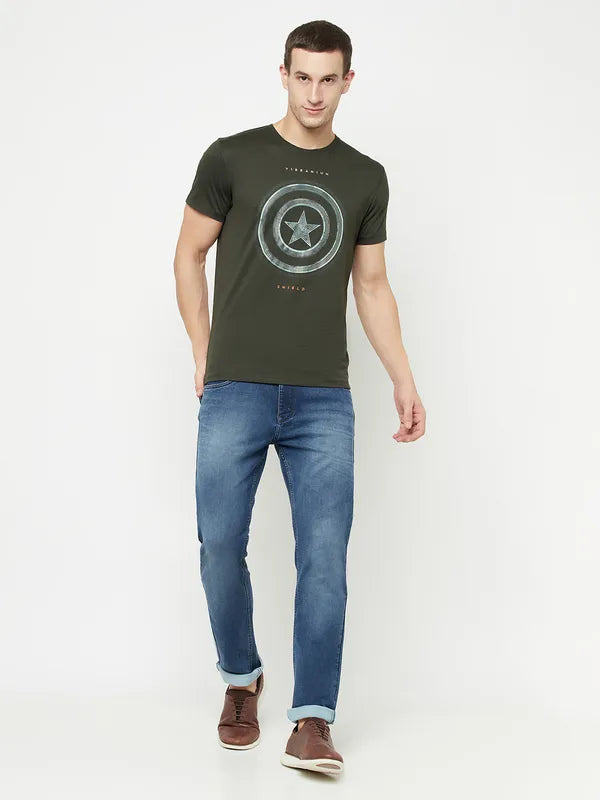 Octave Men Olive Green Typography Captain America Printed T-Shirt