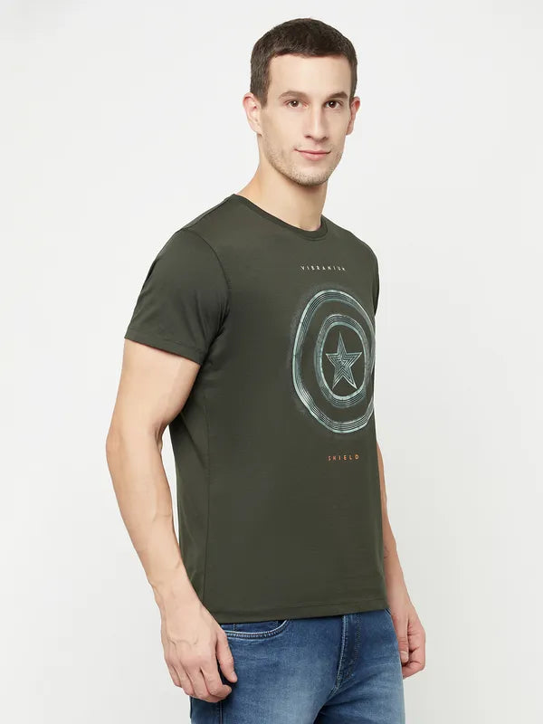 Octave Men Olive Green Typography Captain America Printed T-Shirt