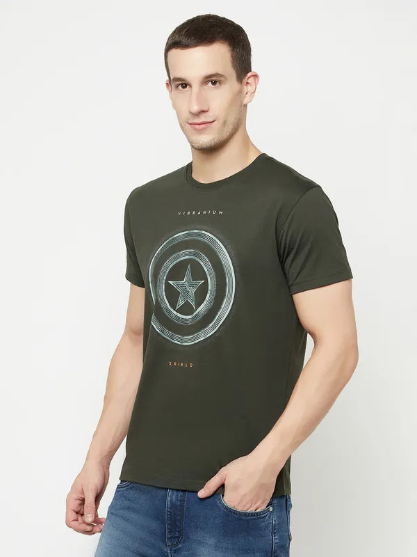 Octave Men Olive Green Typography Captain America Printed T-Shirt