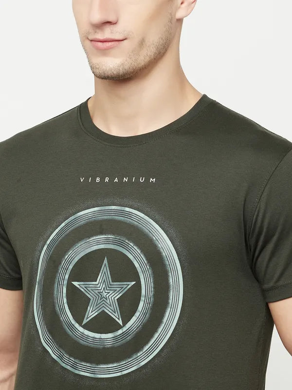 Octave Men Olive Green Typography Captain America Printed T-Shirt