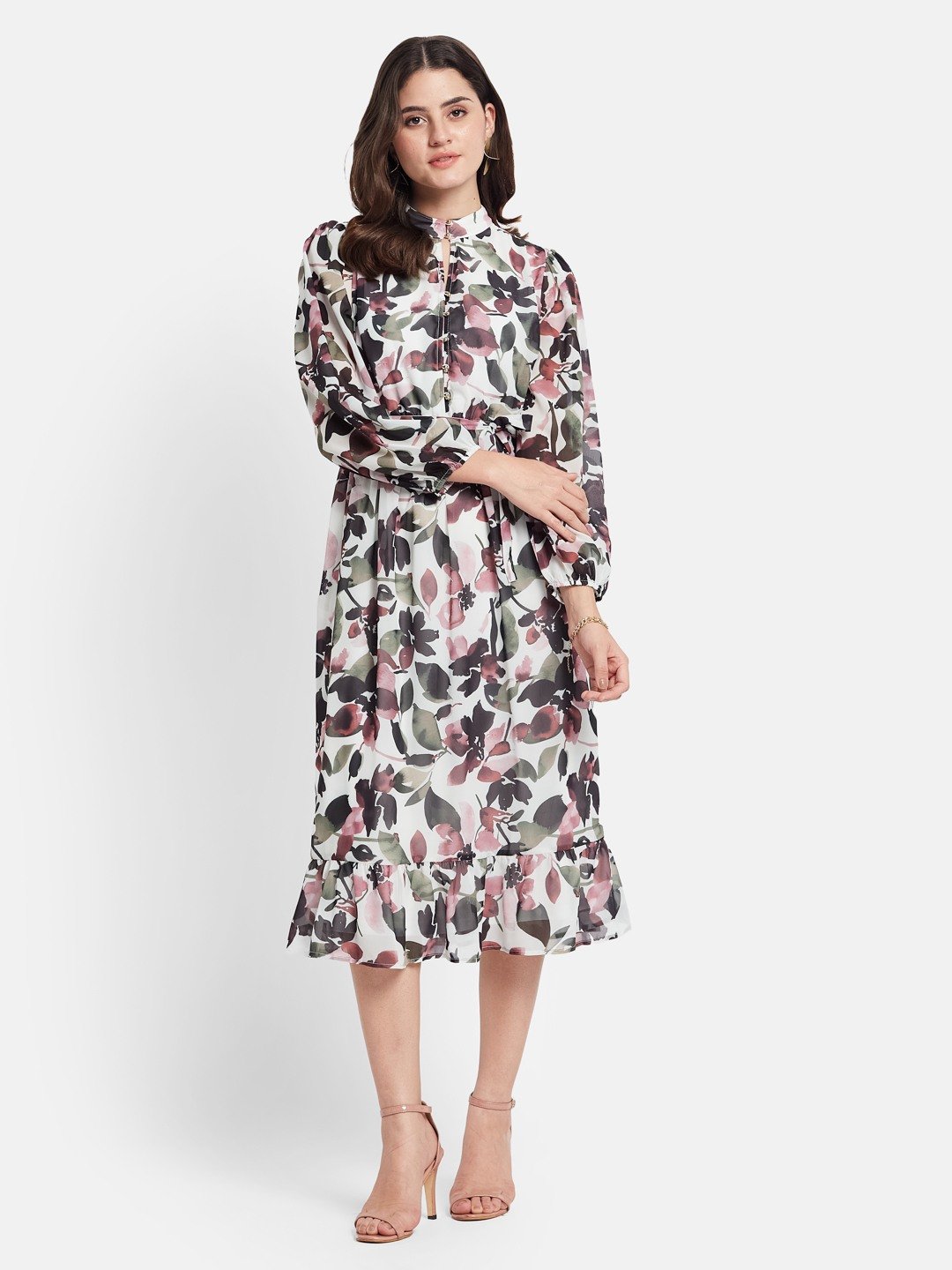 METTLE Floral Printed Mock Neck Puff Sleeves Cotton Fit & Flare Midi Dress