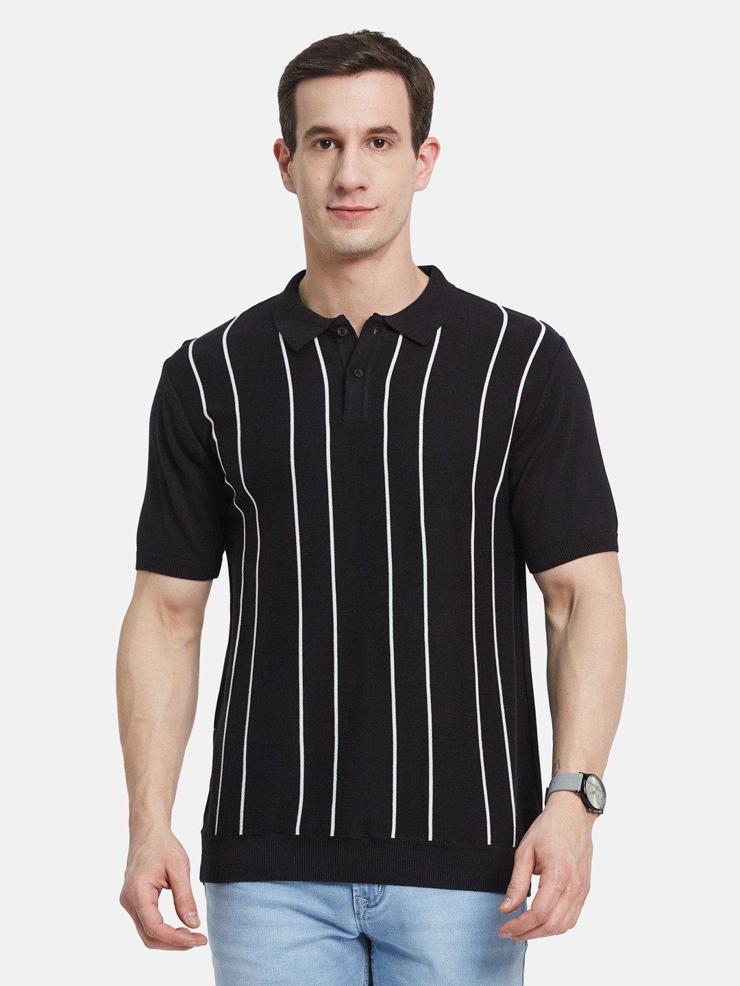 METTLE Men Striped Polo Collar Cotton T-shirt