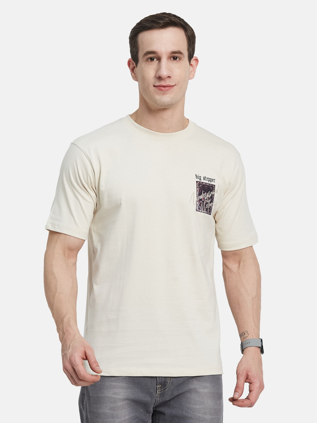 BACK  PRINT ROUND NECK SINGLE JERSEY KNIT T-SHIRT