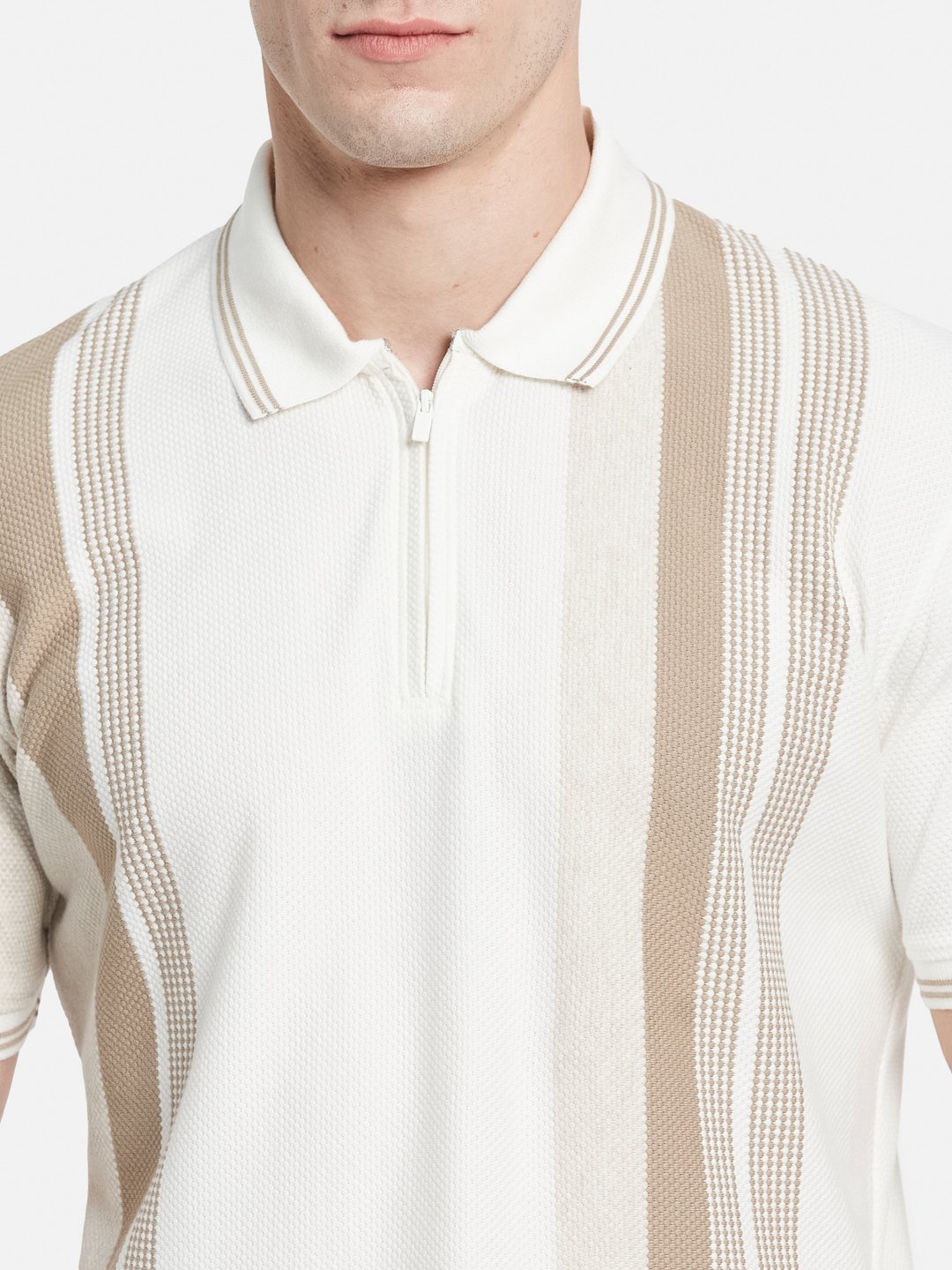 VERTICAL STRIPE  HALF-ZIP POLO NECK POPCORN KNIT LYCRA  T-SHIRT