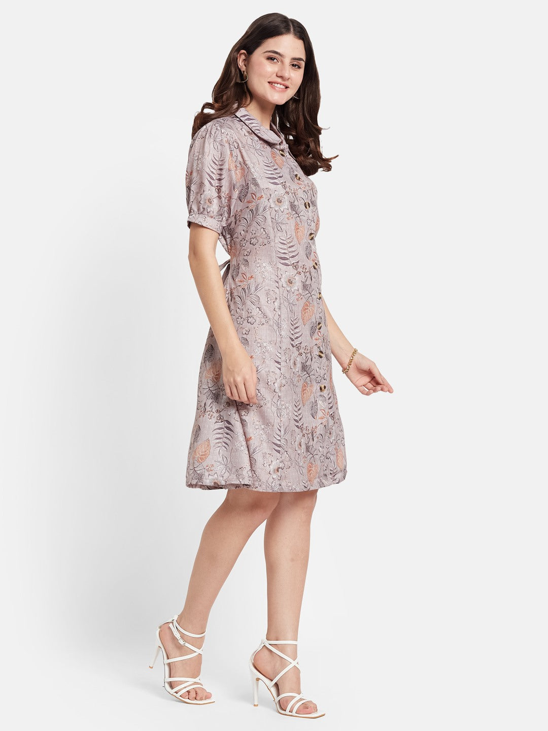 METTLE Women Floral Printed Puff Sleeves Cotton Shirt Dress