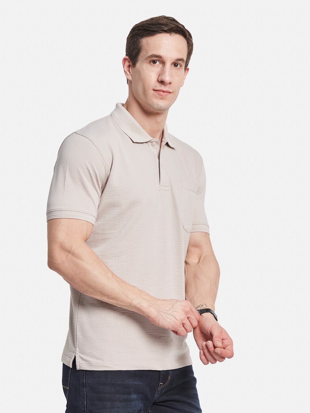 SOLID POLO NECK FRONT OPEN POCKET  SEER SUCKER T-SHIRT