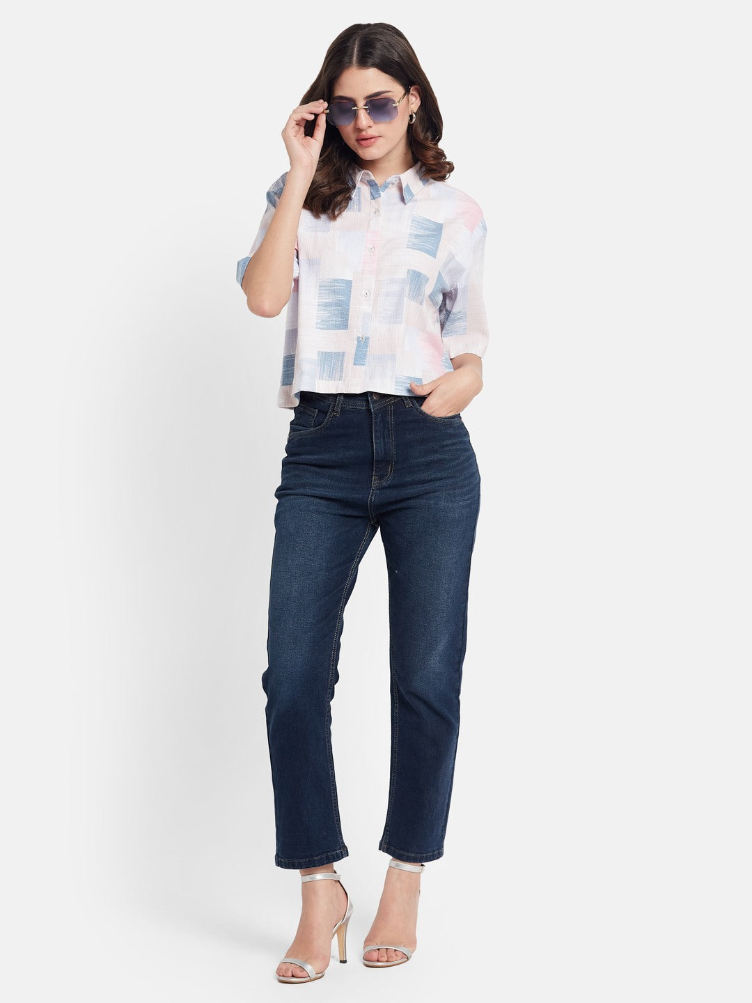METTLE Women Boxy Fit Abstract Printed Spread Collar Cotton Casual Shirt