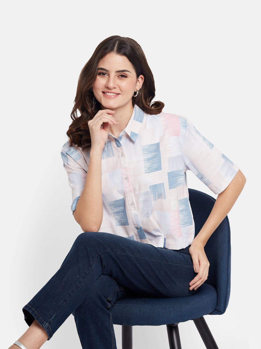METTLE Women Boxy Fit Abstract Printed Spread Collar Cotton Casual Shirt