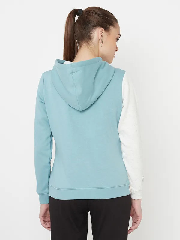 Mettle Women Green Colourblocked Hooded Sweatshirt