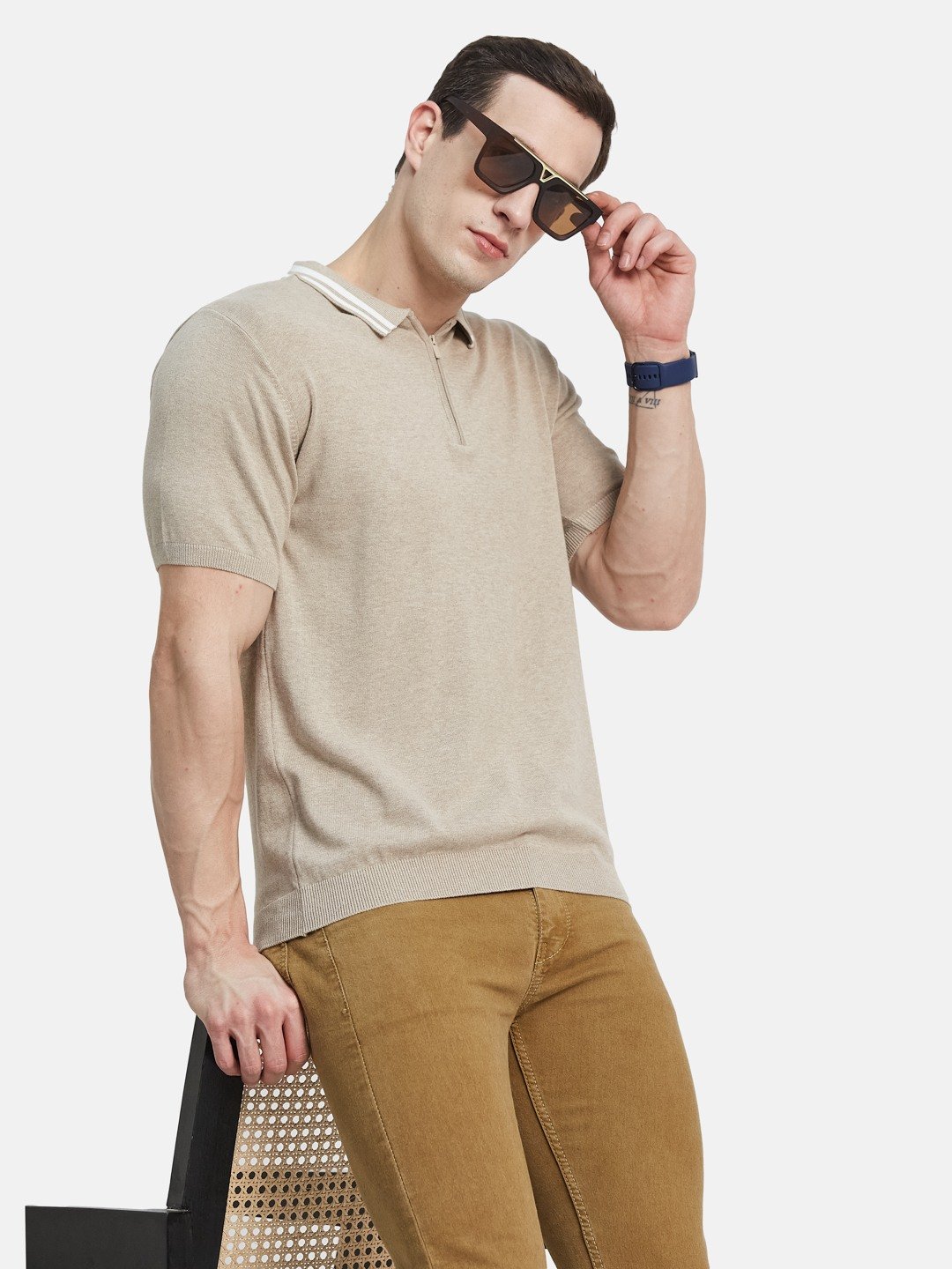 METTLE Men Solid Polo Collar Cotton T-shirt