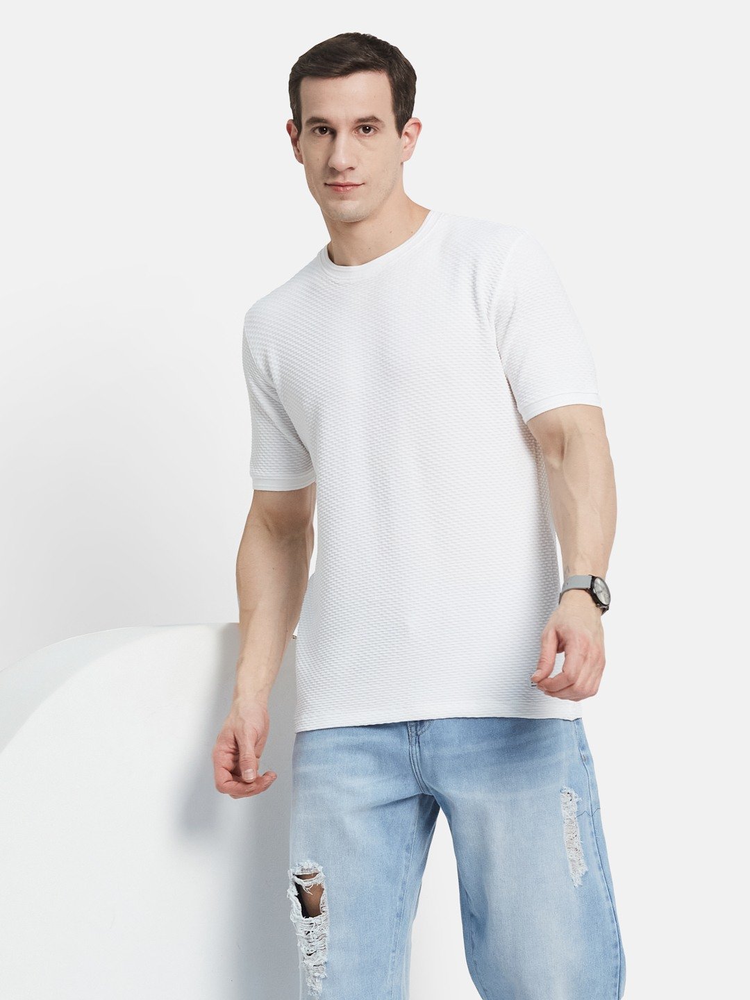 STRUCTURE ROUND NECK BUBBLE KNIT T-SHIRT
