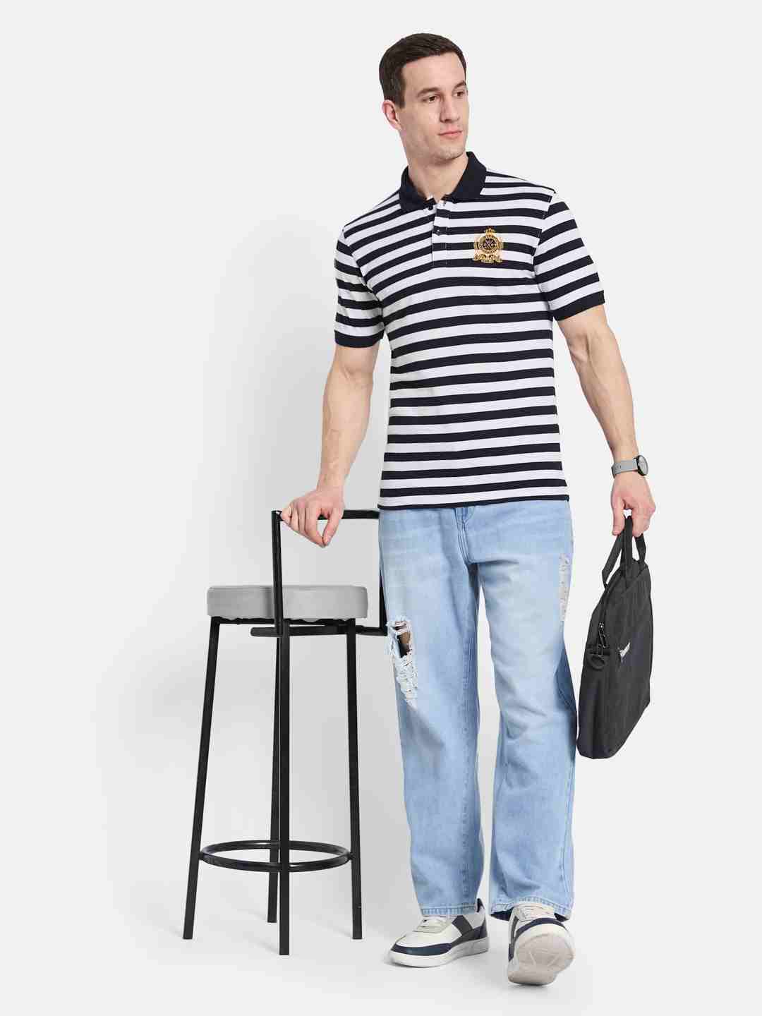 Octave Men Colourblocked Polo Collar Monochrome T-shirt