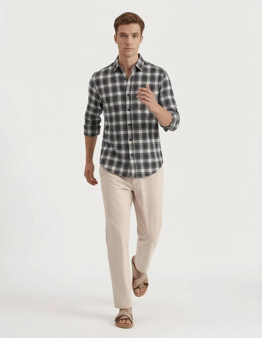 Men Grey Melange Checked Polo Neck Casual Shirt