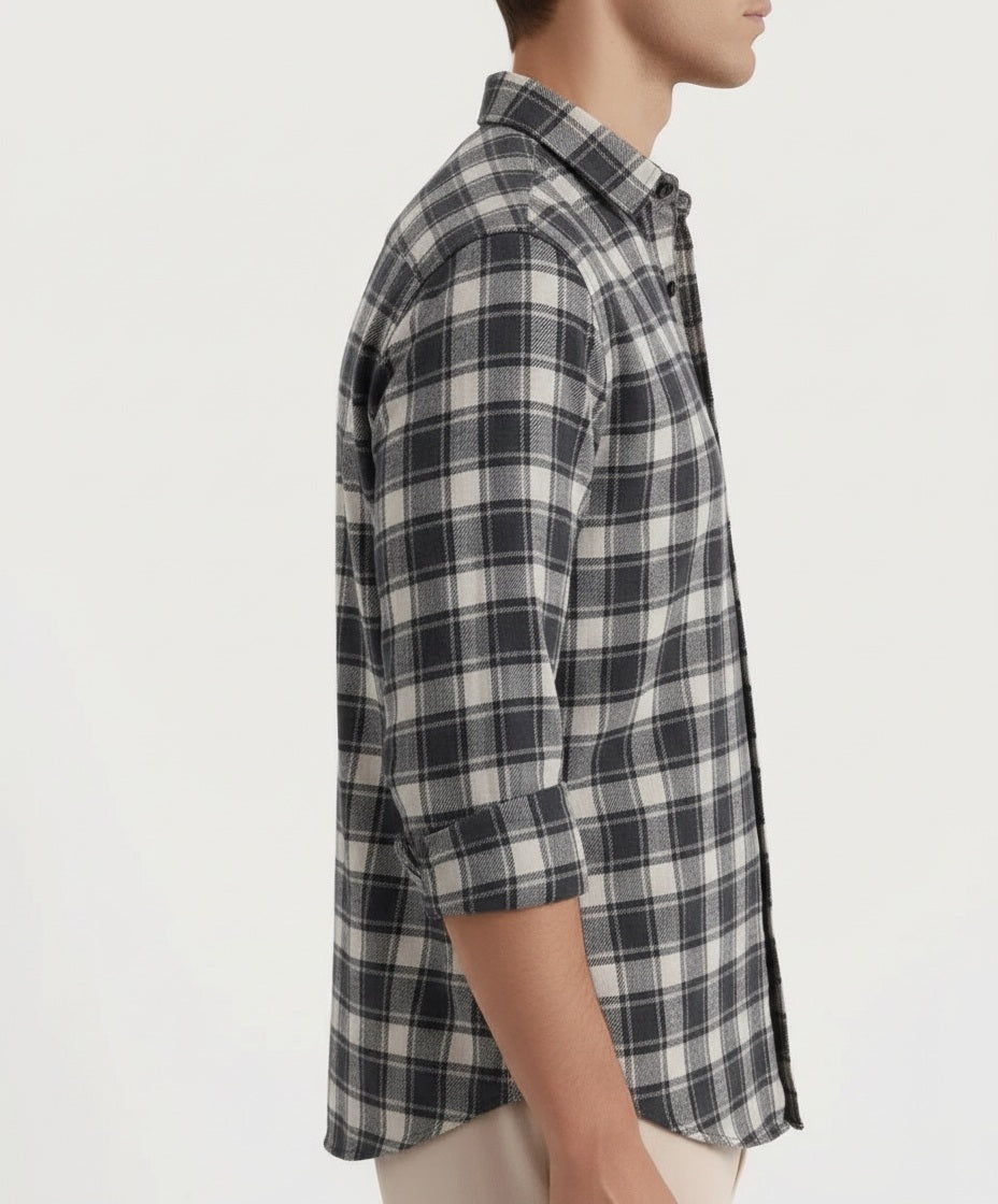 Men Grey Melange Checked Polo Neck Casual Shirt