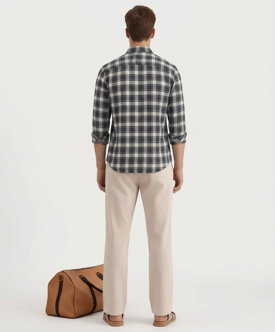 Men Grey Melange Checked Polo Neck Casual Shirt