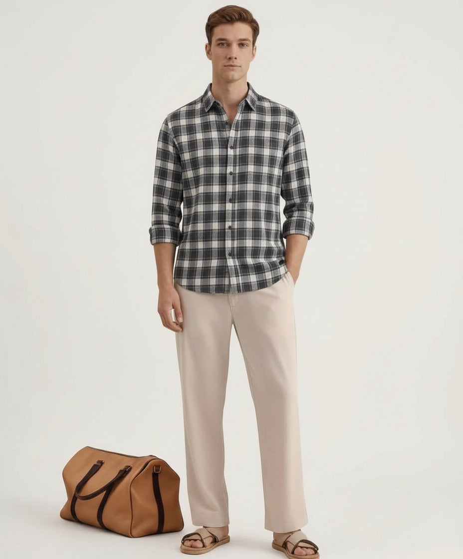 Men Grey Melange Checked Polo Neck Casual Shirt