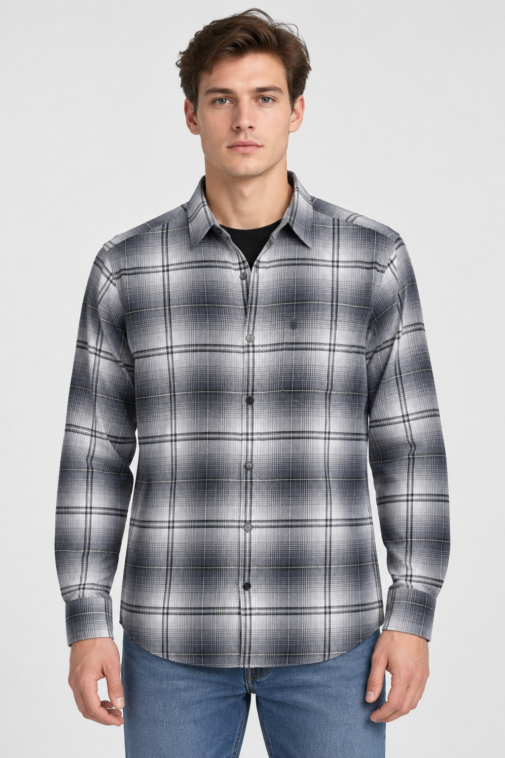 Men's Regular Fit Twill Brushed Checkered Full Sleeve Shirt with Spread Collar and Chest Pocket – Denim