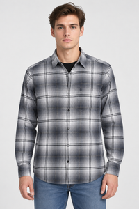 Men's Regular Fit Twill Brushed Checkered Full Sleeve Shirt with Spread Collar and Chest Pocket – Denim