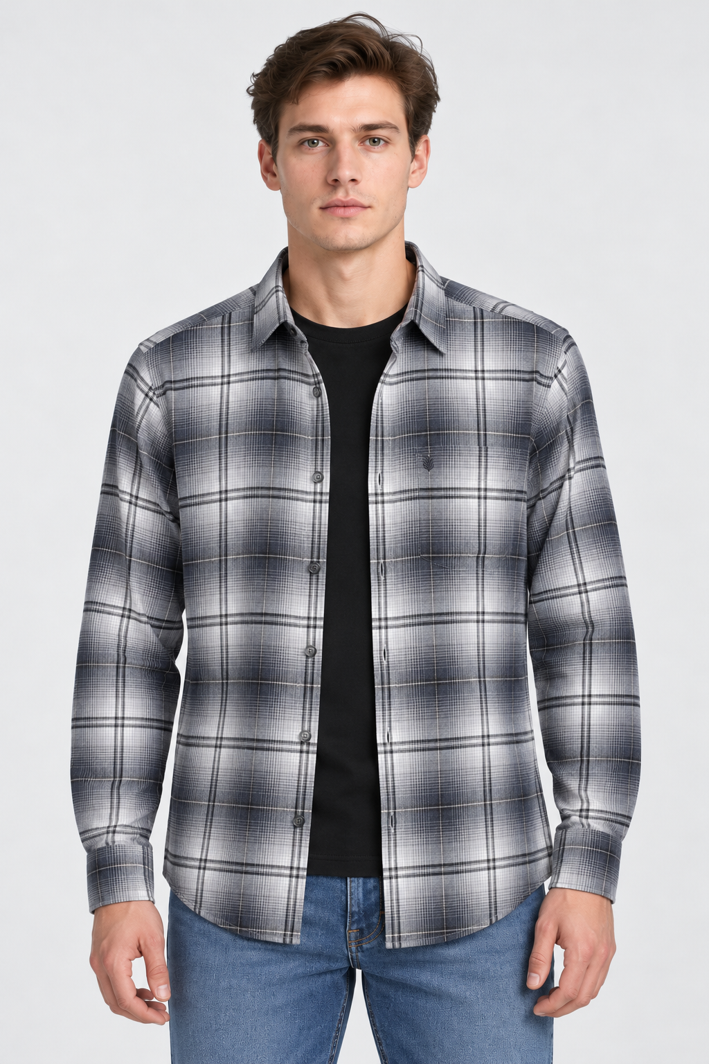 Men's Regular Fit Twill Brushed Checkered Full Sleeve Shirt with Spread Collar and Chest Pocket – Denim
